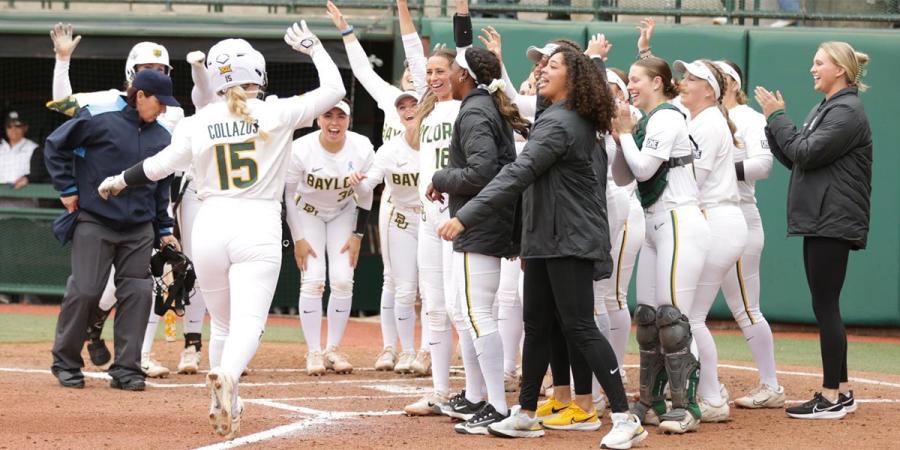Baylor softball celebrates a home run