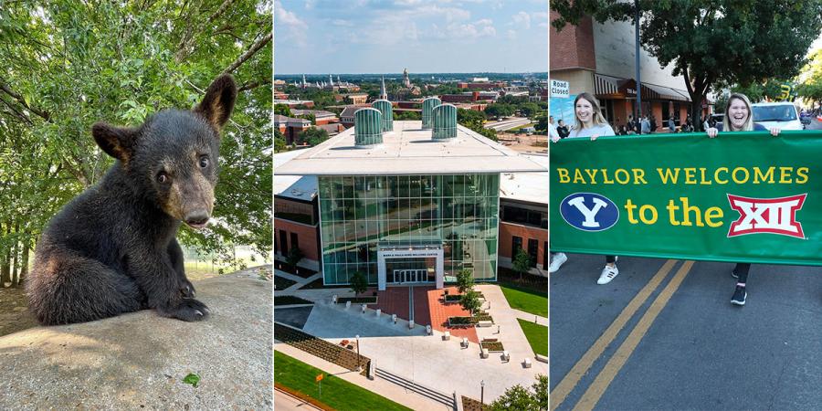 Photo of a baby bear, the Hurd Welcome Center, and a banner welcoming BYU to the Big 12
