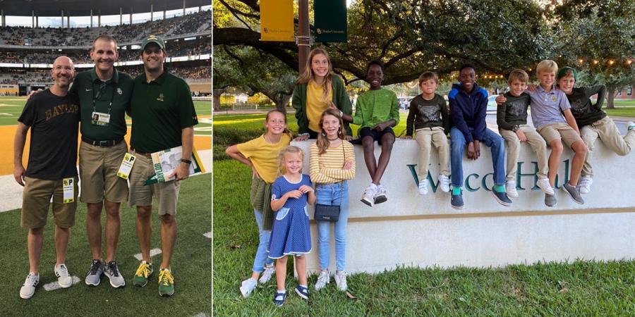 At left, Nick Martineau, Matt Burchett & Jon Rolph; at right, their kids on Baylor's campus