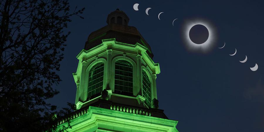 Time-lapse compilation photo of the eclipse over Pat Neff Hall