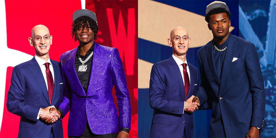 Photos of NBA Commissioner Adam Silver with Ja'Kobe Walter (left) and Yves Missi (right)