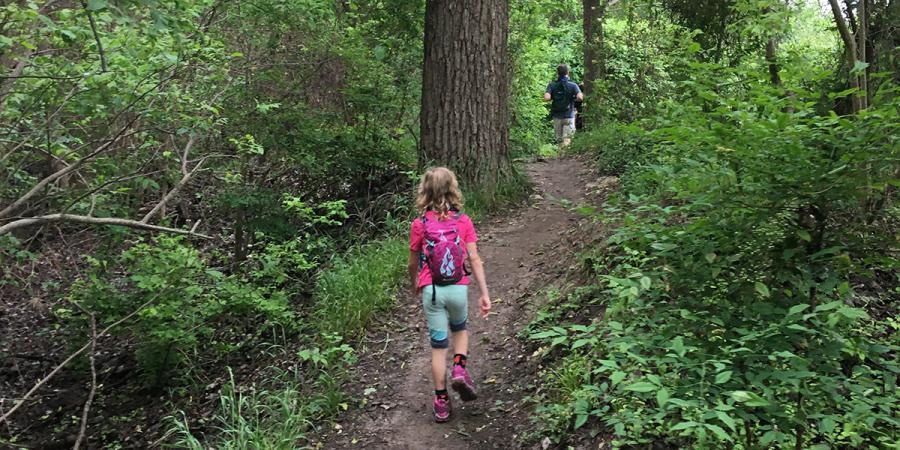 Hikers on a Cameron Park trail through woods