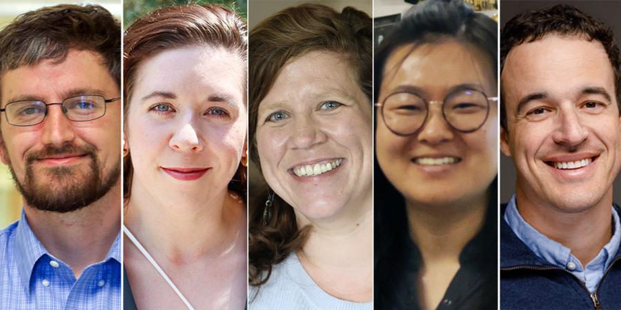 L-R, headshots of Drs. Peter James, Rebecca Jones-Antwi, Sarah Kienle, Yang Li, and Sam Urclacher