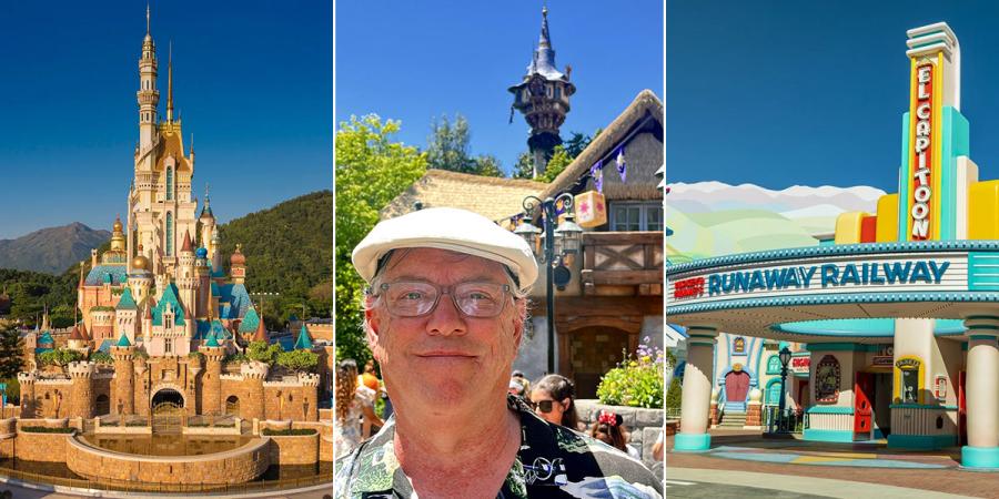 (L-R) Hong Kong Disneyland castle, Rogers outside Rapunzel's Tower, and El CapiTOON Theater