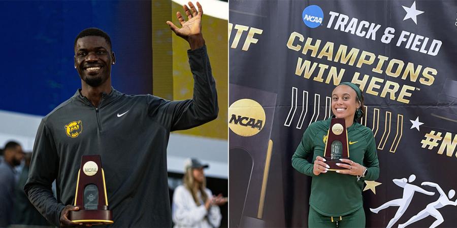 Nathaniel Ezekiel (left) and Alexis Brown (right) celebrate national championships in the 400m hurdles and long jump, respectively