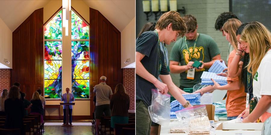 Baylor's prayer service (left) and Baylor Bears packing relief supplies (right)