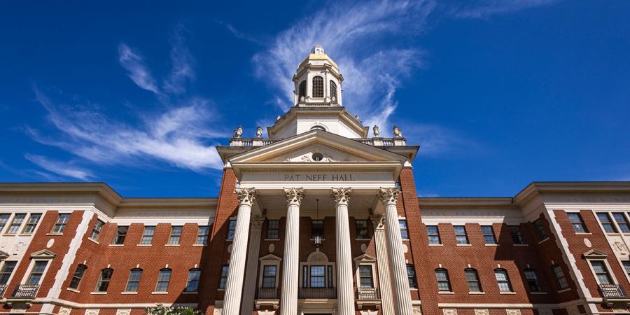 Pat Neff Hall with a bright blue sky behind it