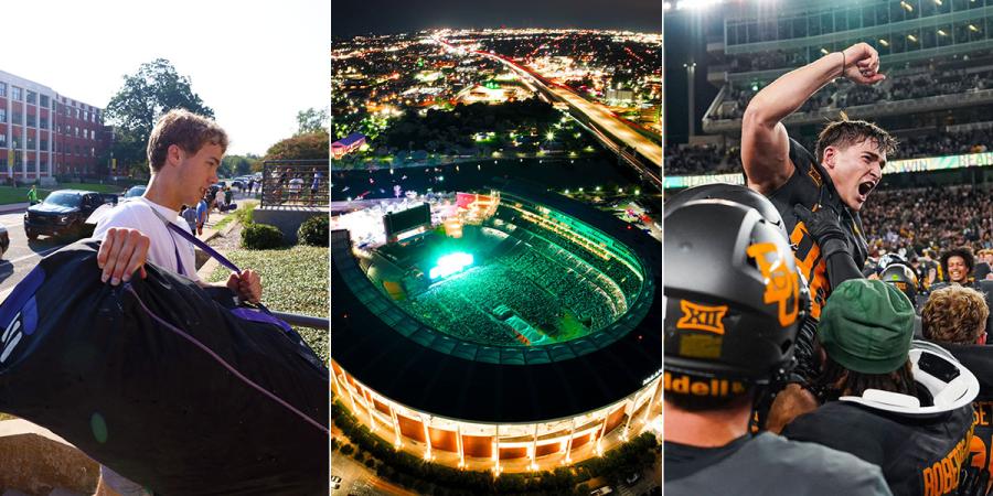 A student at Move2BU, an aerial shot of the McLane concert, and football celebrating a win last season