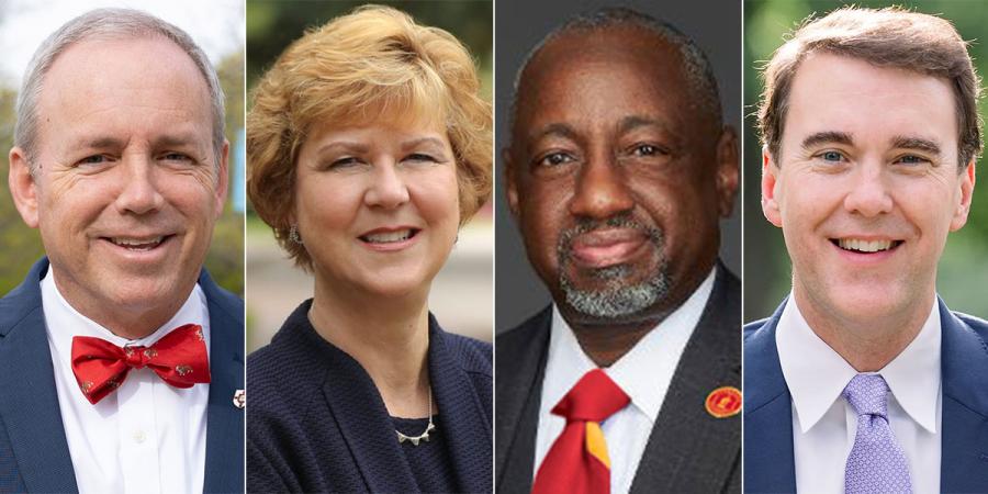 L-R, headshots of Drs. Dub Oliver, Elizabeth Davis, Mark Brown, and D. Michael Lindsay