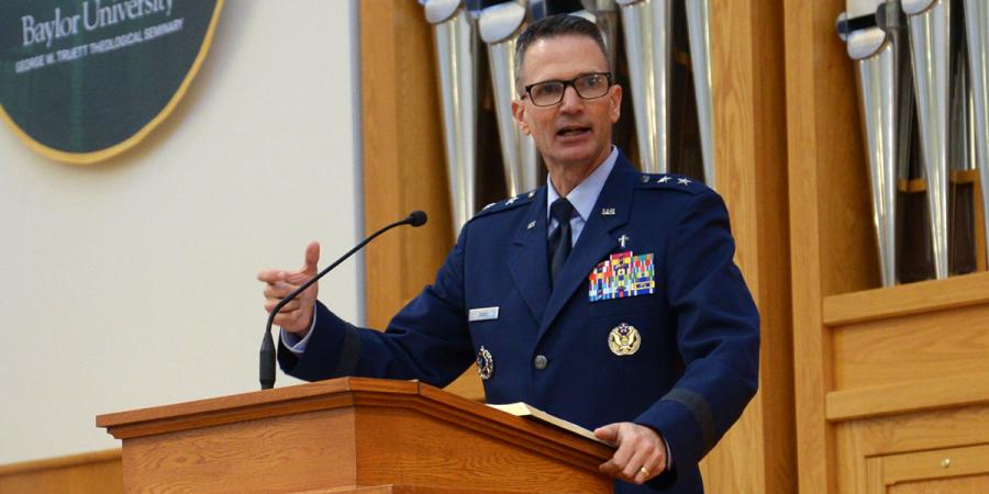 Chaplain (Major General) Trent Davis speaking at Truett Seminary