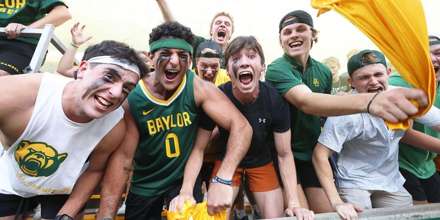 Baylor students celebrating at a football game