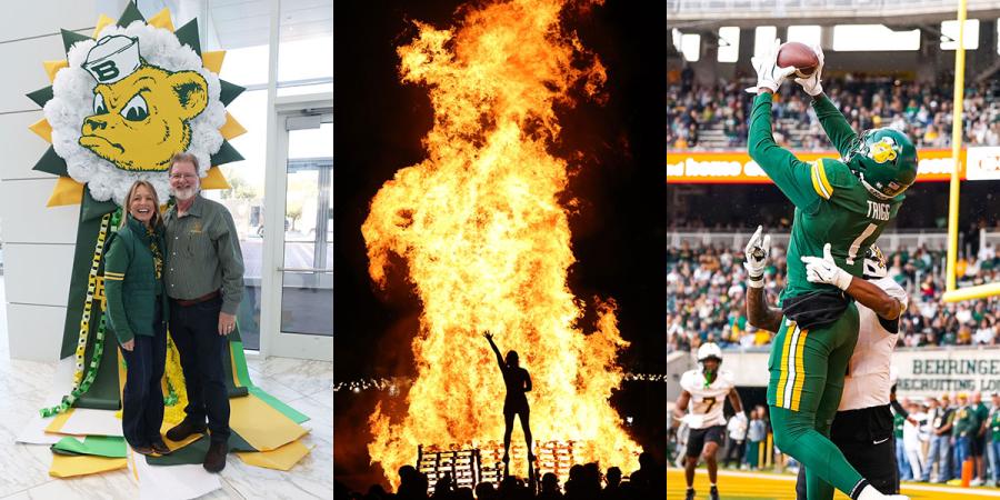 L-R: Alumni with a Giant Mum photo op, the Homecoming bonfire, and a great Baylor Football catch