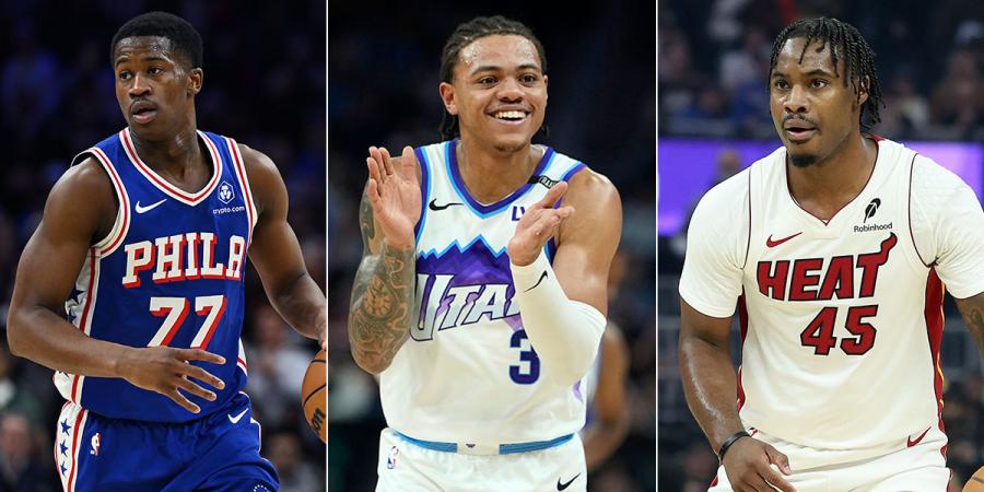 L-R, photos of VJ Edgecombe, Keyonte George and Davion Mitchell in the NBA