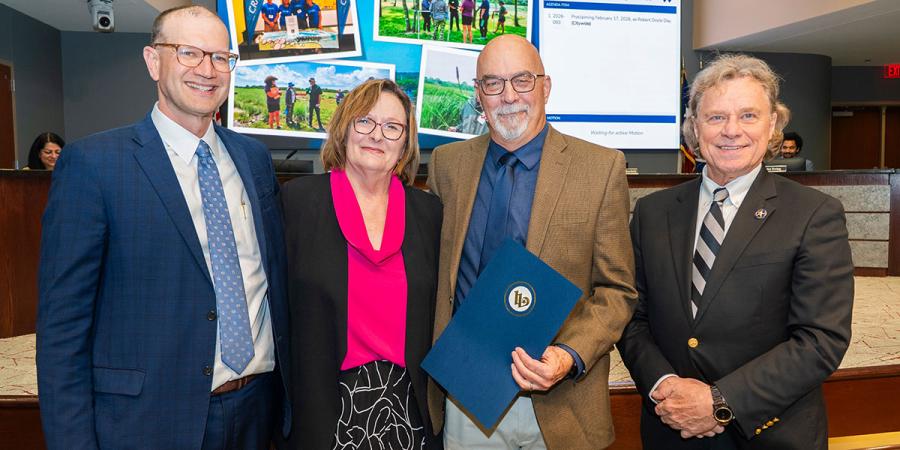 L-R: Waco City Councilman Josh Borderud, Dr. Eva Doyle, Dr. Robert Doyle, and Waco Mayor Jim Holmes