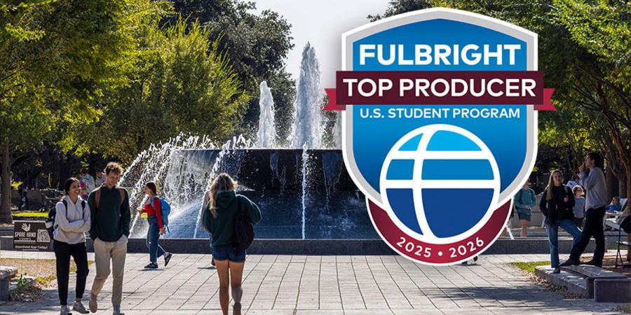 Fulbright Top Producer badge over a photo of students on campus