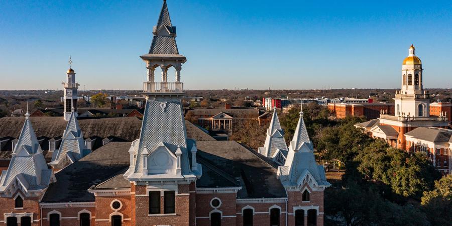 Photo of Baylor skyline with Old Main in foreground, Pat Neff in background
