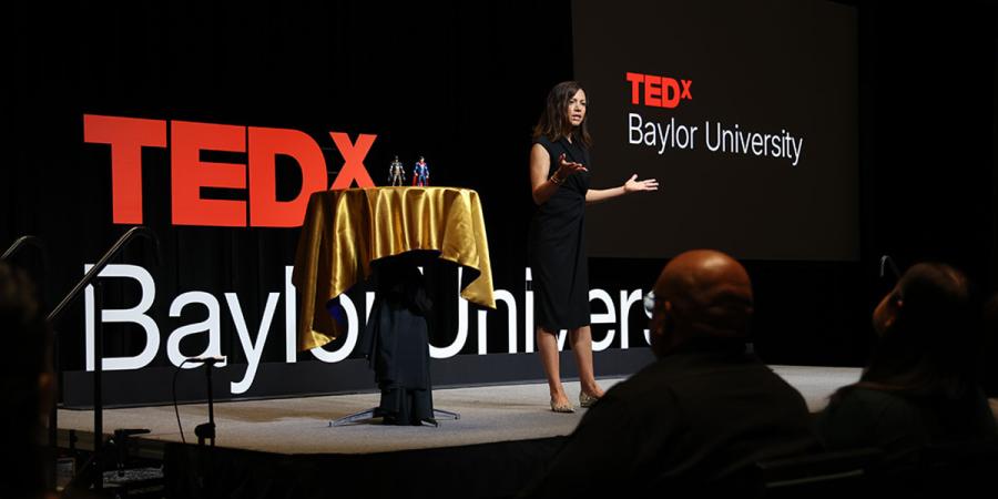 Dr. Leigh Greathouse on stage at TEDxBaylor University