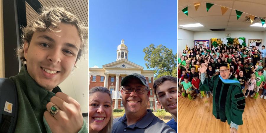 L-R, Robbie Lenz with Baylor ring; Allison, Alan and Robbie Lenz in front of Pat Neff Hall; Alan Lenz does a sic 'em with students at his school