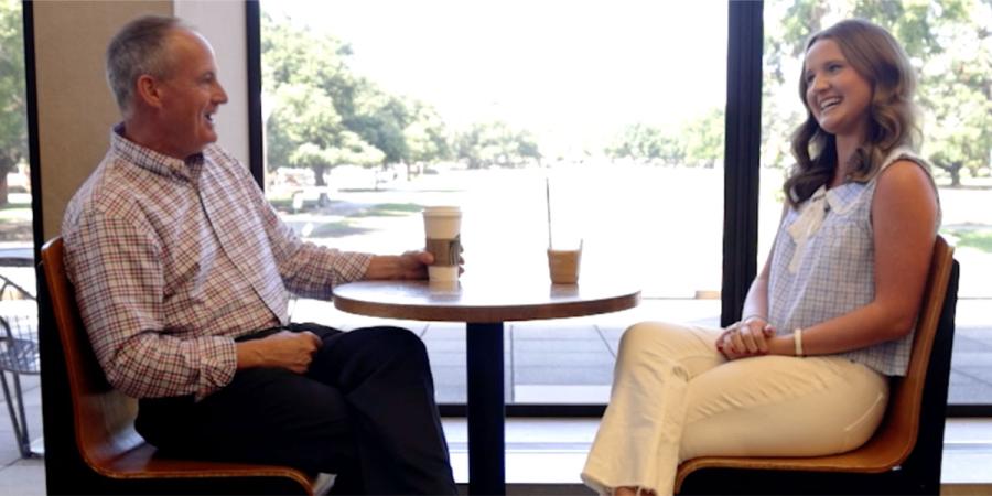 Baylor professor meets for coffee with a Baylor student at Moody Library's Starbucks