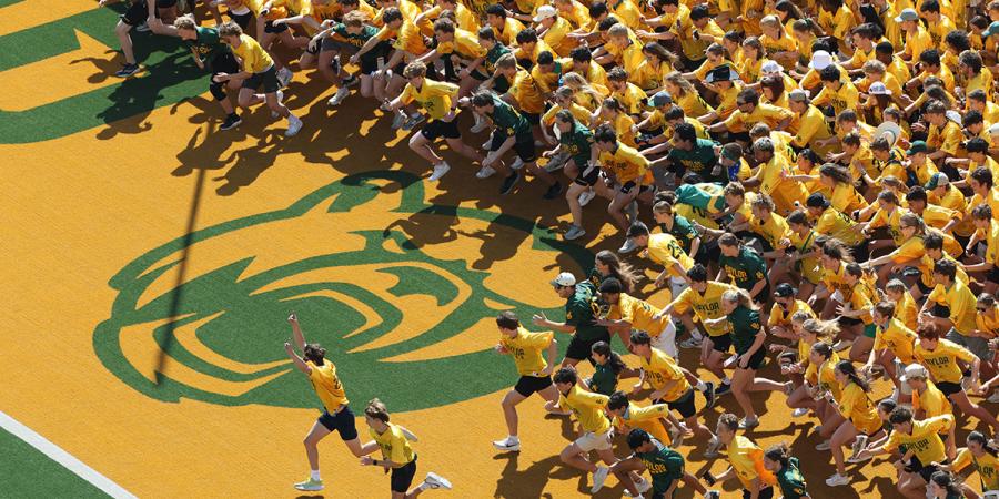 Aerial view of the Baylor Line beginning its run onto the field