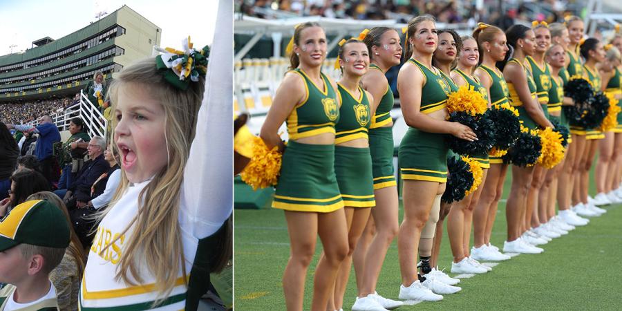Brooke Walker, at left as a young girl at a Baylor football game, and at right as a Baylor cheerleader today