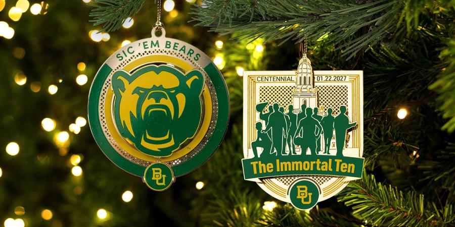 The Baylor Bear Head and Immortal Ten ornaments on a Christmas tree